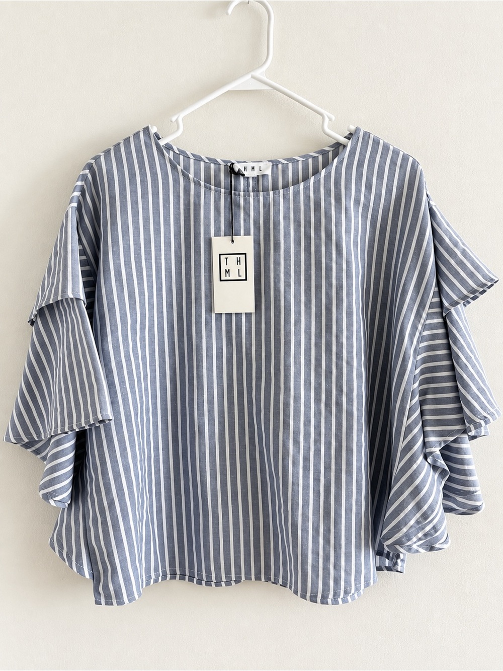 THML Blue & White Vertical Stripe Ruffle Sleeve Top